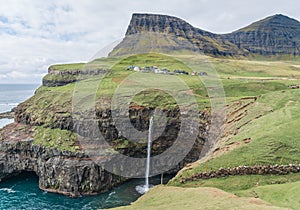 Mulafossur waterfall in Gasadalur, Vagar Island of the Faroe Islands