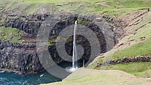 Mulafossur waterfall in Gasadalur, Vagar Island of the Faroe Islands.