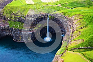 Mulafossur waterfall in Gasadalur, Vagar Island of the Faroe Islands.