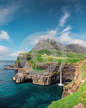 Mulafossur waterfall in Gasadalur, Vagar Island of the Faroe Islands