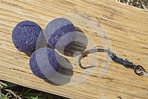 Mulberry Plum purple boilies with fishing hook. Fishing rig for carps, boilie rig, near the lake on a piece of wood photo