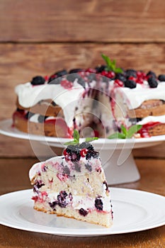 Mulberry and red currant cake with whipped cream