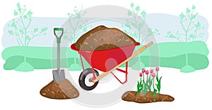 Mulch gardening concept vector illustration. Agriculture countryside outdoor seasonal work equipment.