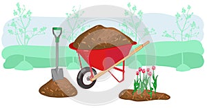 Mulch gardening concept vector illustration. Agriculture countryside outdoor seasonal work equipment. photo