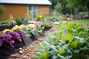 mulched flower beds and plant rows in a backyard