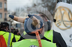 Mulhouse - France - 9 February 2019 - people protesting with viking hat against taxes and rising fuel prices and for and the
