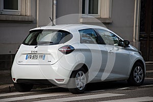 Rear view of white Renault Zoe electriccar parked in the street