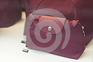 Longchamp leather handbag in a luxury fashion store showroom
