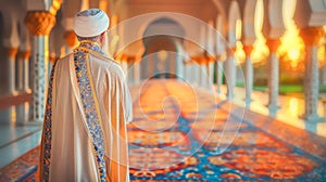 Mullah in traditional attire walks through majestic corridors of mosque photo
