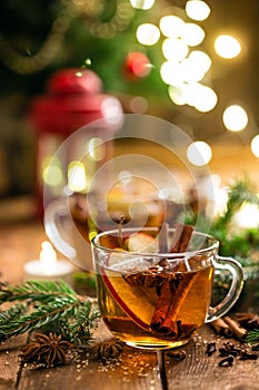 Mulled cider with cinnamon, cloves and anise. Traditional Christmas drink