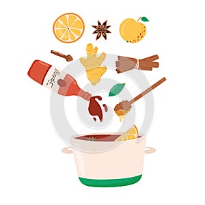 Mulled or hot wine recipe with cooking pot and ingredients - flat vector illustration isolated on white background.