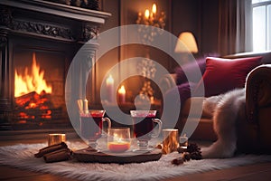 Mulled wine against the fireplace in the background. Fur on the floor. Romantic scene, pillows on the floor. Cozy atmosphere on