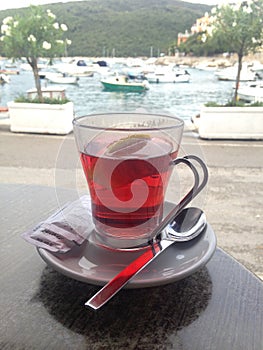 Mulled wine on the background of the sea in a glass glass