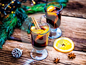 mulled wine Christmas drink  on wooden table