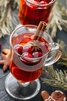 Mulled wine. Christmas hot drink with citrus, apple and spices i