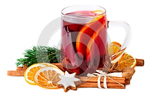 Mulled wine Christmas punch spices on white