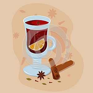 Mulled wine with a cinnamon.On a light orange background.