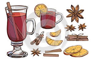 Mulled wine clipart vector set. Hot winter drinks. Christmas beverage. Popular drink for autumn fall new year holidays