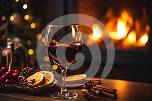 Mulled wine by a cozy fireplace with cinnamon, anise, and orange