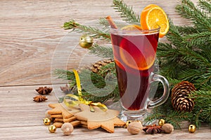 Mulled wine with decorated christmas tree