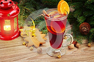 Mulled wine with decorated christmas tree