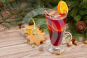 Mulled wine with decorated christmas tree