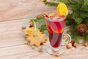 Mulled wine with decorated christmas tree