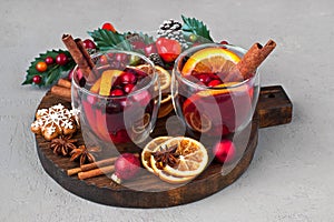 Mulled wine with gingerbread cookies. Christmas composition