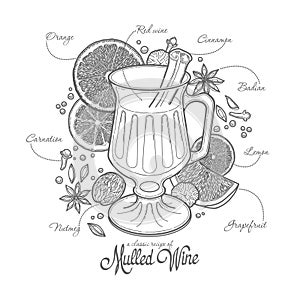 Mulled wine in the glass and components, black outline on a white background