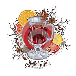 Mulled wine in the glass and components on a white background