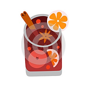 Mulled wine in glass, hot red wine flavoured drink with spice, cinnamon stick, hand drawn doodle illustration, vector