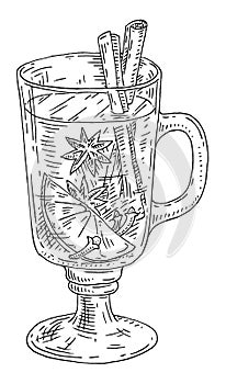 Mulled wine glass with ingredients. Vintage vector hatching black illustration