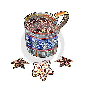 Mulled wine.Illustration with Christmas cup. photo