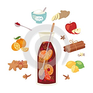 Mulled wine ingredients, recipe vector Christmas winey beverage. Punch drink, hot alcohol. Winebowl glass cocktail