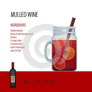 Mulled wine in mason jar with recipes and ingredients. Bar menu.