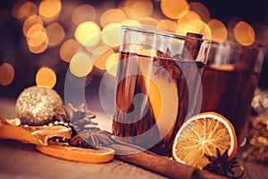 The Mulled wine in night celebration of New Year party and deli