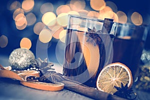 The Mulled wine in night celebration of New Year party and deli