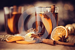 The Mulled wine in night celebration of New Year party and deli