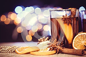 Mulled wine in night celebration of New Year party and deliciou