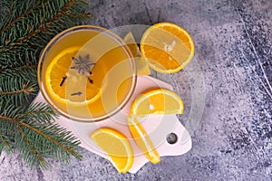 Mulled wine with orange juice and spices. Flat ley.Copy space. Winter drinks concept.