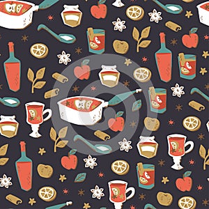 Mulled Wine Seamless Background. Hand Drawn Vector Illustration