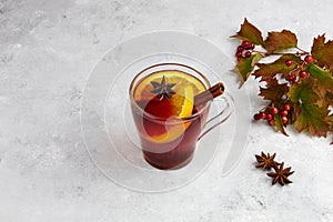 Mulled wine with slice of orange and spices on grey background. Autumn drink or gluhwein
