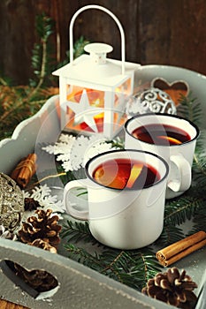 Mulled wine with spices and citrus fruit