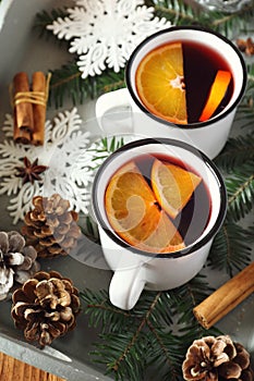 Mulled wine with spices and citrus fruit