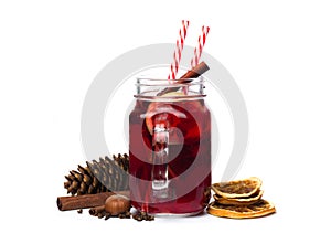 Mulled wine with spices isolated on white background. Winter alcoholic cocktail. Christmas drink