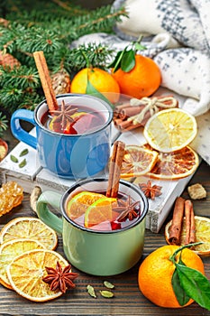 Mulled wine. Traditional hot winter alcoholic or non-alcoholic drink