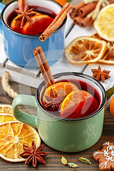 Mulled wine. Traditional hot winter alcoholic or non-alcoholic drink of red wine, citrus fruits orange or Mandarin with cinnamon