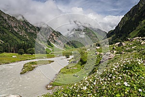 Mulling campsite in Pin Bhaba pass trek in Shimla, Himalaya mountain range in north India