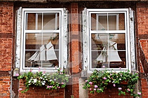 Mullioned windows in an old half timbered house photo