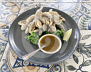 Mullus barbatus fish fried with tkemali
